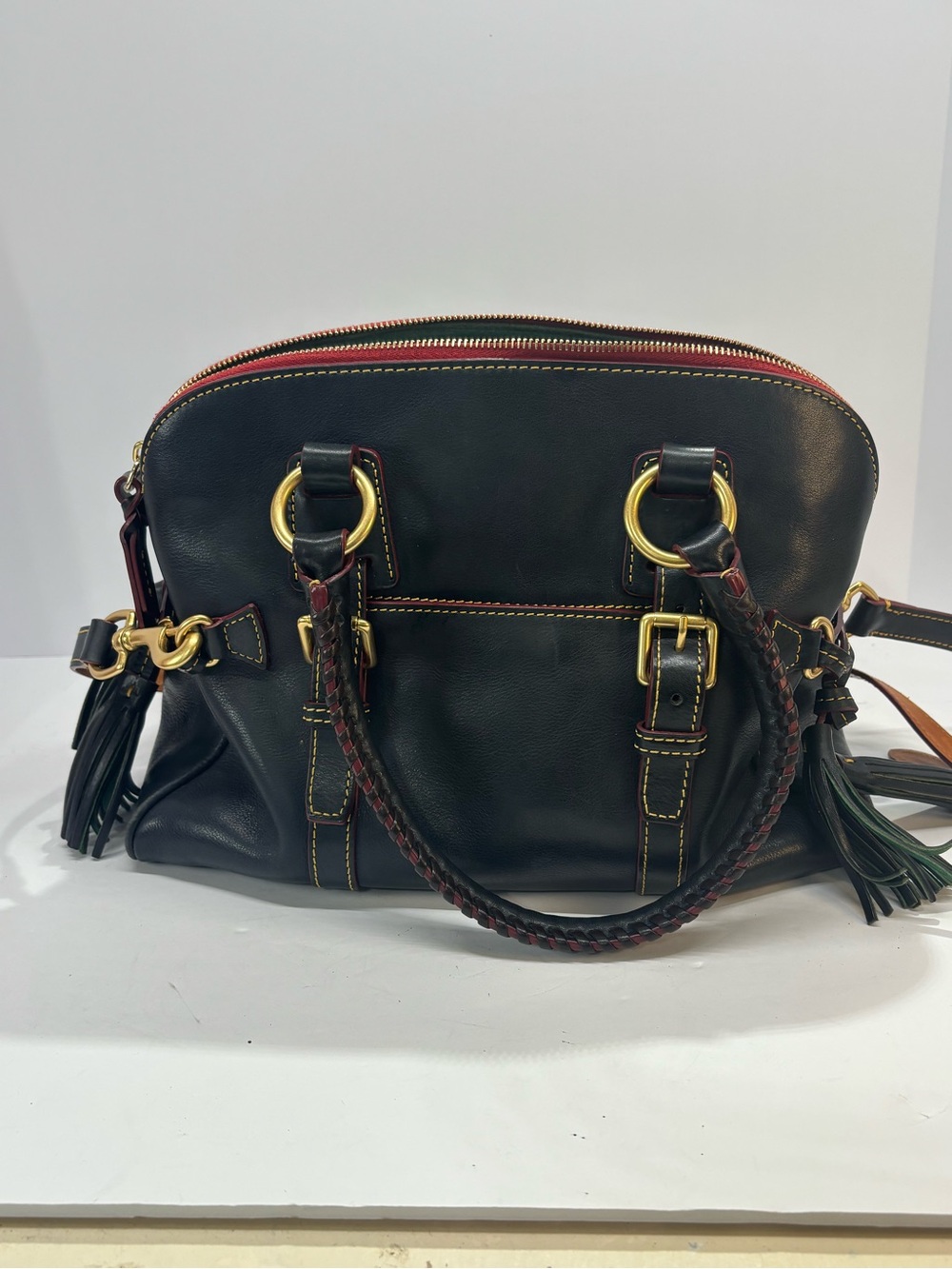 Dooney & Bourke Florentine Leather Satchel Black Red Large Crossbody Tassel - Picture 3 of 11